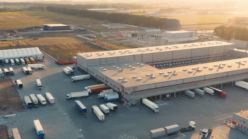Aerial all-round view of a large modern logistics park with warehouses and many semi-trailers trucks standing at ramps for unload and load goods at sunset Royalty-Free Stock Footage #1108352411
