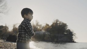 A purposeful boy of two years throws a stone into the sea. Rear view, slow motion video