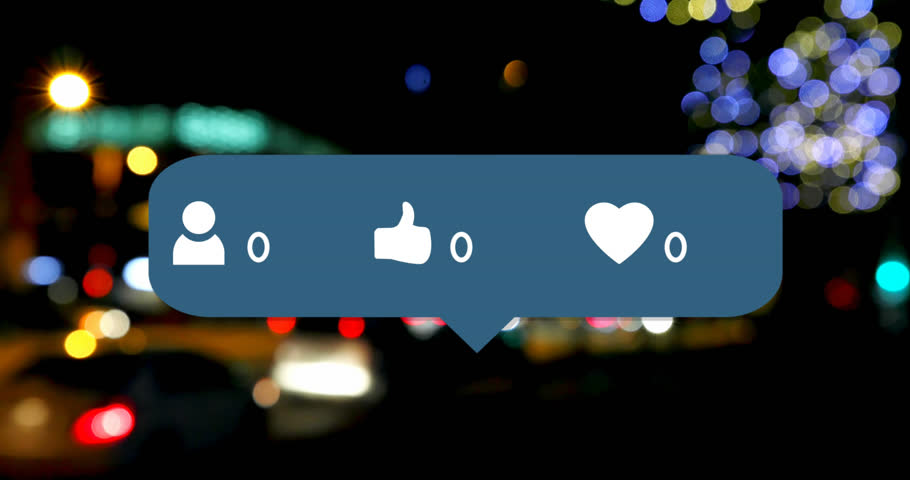 Animation of profile, heart and like icons with increasing numbers over lens flares at night. Digital composite, social media, positive, feedback, symbol, light, glowing and technology concept. | Shutterstock HD Video #1108357751