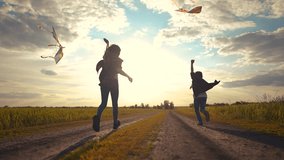 children run together with a kite in the park. happy family a kid dream concept. group of children running with their backs at sunset in nature in the park holding a kite playing lifestyle glare - Powered by Shutterstock - Get 15% off with code: PIKWIZARD15