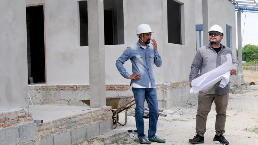 Indian architect man with mustache standing wearing hard hat attention to structure inspection with partner foreman at construction site. Asian engineer hold blueprints listen to contractor male
 | Shutterstock HD Video #1108360367