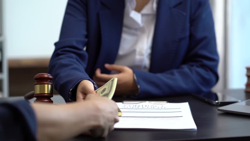 Lawyer accepts money, bribes businessman for partner in corruption in workplace. Royalty-Free Stock Footage #1108365429
