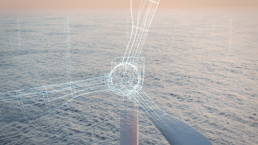 Futuristic visualisation of the building of an offshore wind farm with several wind turbines at sunset. Digitized wireframe concepts turn into real wind turbines. Green and renewable energy concept. Royalty-Free Stock Footage #1108366339