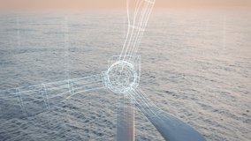 Futuristic visualisation of the building of an offshore wind farm with several wind turbines at sunset. Digitized wireframe concepts turn into real wind turbines. Green and renewable energy concept. - Powered by Shutterstock - Get 15% off with code: PIKWIZARD15
