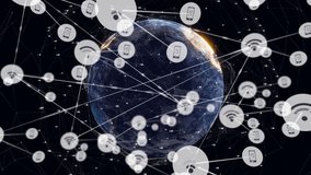 Animation of network of digital icons over spinning globe against black background. Global networking and business technology concept - Powered by Shutterstock - Get 15% off with code: PIKWIZARD15