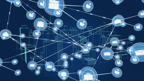 Animation of network of digital icons over spinning 3d city model against blue background. Global networking and architectural engineering technology concept - Powered by Shutterstock - Get 15% off with code: PIKWIZARD15