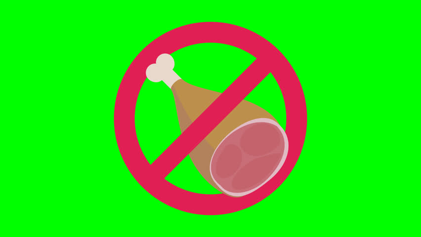 Animation of appearance and disappearance of the ban on eating a ham on a blue background, green background, transparency and white background in a flat design style