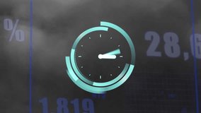 Animation of neon ticking clock over statistical data processing against grey background. Computer interface and business data technology concept - Powered by Shutterstock - Get 15% off with code: PIKWIZARD15