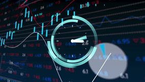 Animation of neon ticking clock over statistical and stock market data processing on blue background. Global economy and business data technology concept - Powered by Shutterstock - Get 15% off with code: PIKWIZARD15