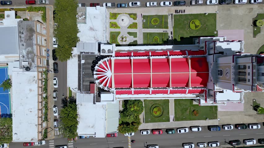 Aerial top down view over Sacred Heart of Jesus Church, Moca, Dominican Republic