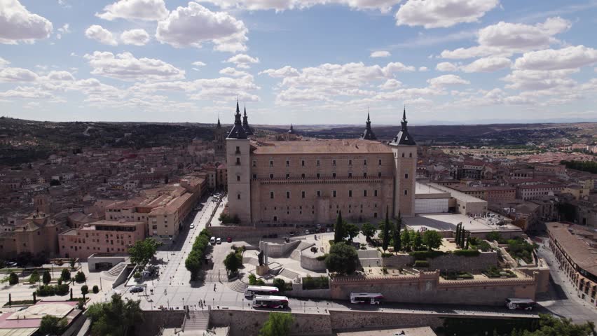 Establishing shot of Alcazar de Toledo fortification in Spain, aerial
