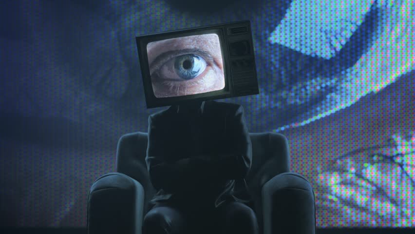 Scary observing person in a suit and a television head, single eye. Zoom in transition. Retro futuristic sci-fi animation. Propaganda, invigilation concept. Fake news symbol. Checkered room.  Royalty-Free Stock Footage #1108371085
