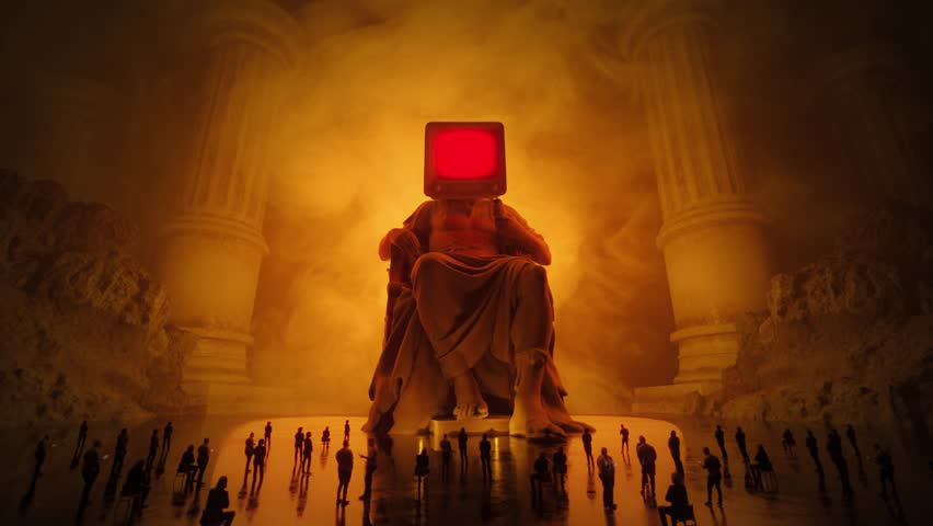 Media magnate. Statue of giant evil god of media with television head. People worshiping. TV head. Media manipulation, mass media influence concept. Symbol of multimedia addiction. Total invigilation Royalty-Free Stock Footage #1108371091