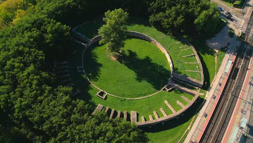 Top View Of The Aquincum Military Amphitheatre In Budapest, Hungary. Aerial Topdown
