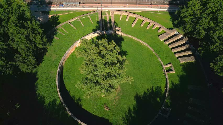 Aerial View Of Roman Aquincum Military Amphitheater With Greenery Landscape In Budapest, Hungary.
