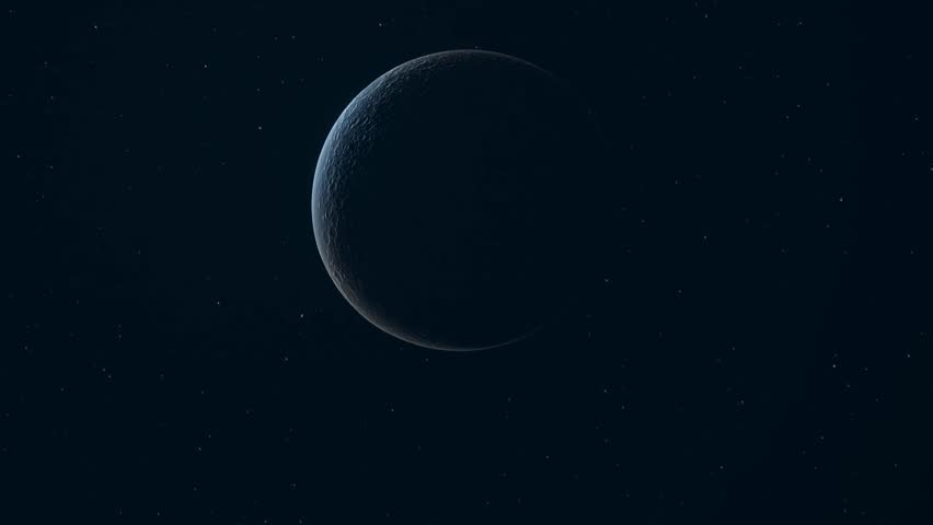 3D Animation showing a crescent Moon dimly lit in space