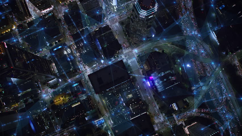 
Aerial Futuristic Over Head view High Tech City with FX Economy Financial Charts. Networks, Signals, Connections Passing Through Streets. Shot in 8K at Night Big Data Machine Learning Metaverse. Royalty-Free Stock Footage #1108382439