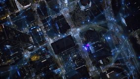 
Aerial Futuristic Over Head view High Tech City with FX Economy Financial Charts. Networks, Signals, Connections Passing Through Streets. Shot in 8K at Night Big Data Machine Learning Metaverse. - Powered by Shutterstock - Get 15% off with code: PIKWIZARD15