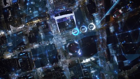 
Aerial Futuristic Over Head view High Tech City with FX Economy Financial Charts. Networks, Signals, Connections Passing Through Streets. Shot in 8K at Night Big Data Machine Learning Metaverse. स्टॉक वीडियो