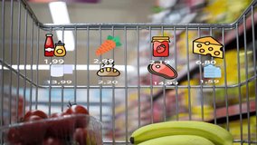 Futuristic shopping trolley in grocery store. Supermarket cart with holographic interface showing goods prices. Augmented reality. Animation. - Powered by Shutterstock - Get 15% off with code: PIKWIZARD15