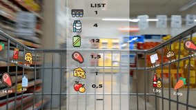 Futuristic shopping trolley in grocery store. Supermarket cart with holographic interface showing goods prices. Augmented reality. Animation. - Powered by Shutterstock - Get 15% off with code: PIKWIZARD15