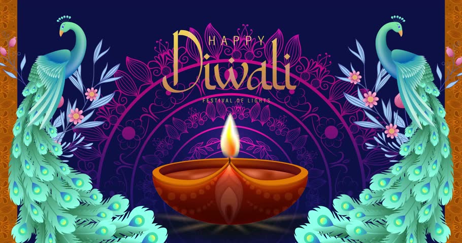 Diwali Footage Video with Diya Lamps Burning and Beautyful Peacock