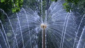 Close-up view of working dandelion shaped fountain jet nozzles with splashing water on city square in a sunny summer day. Real time handheld video. Soft focus. Urban decoration theme.