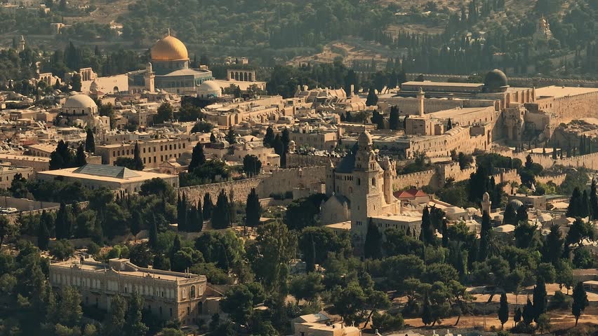Old City Jerusalem, Dormition Abbey - Hagia Maria, aerial drone view sunrise, Israel, 4k