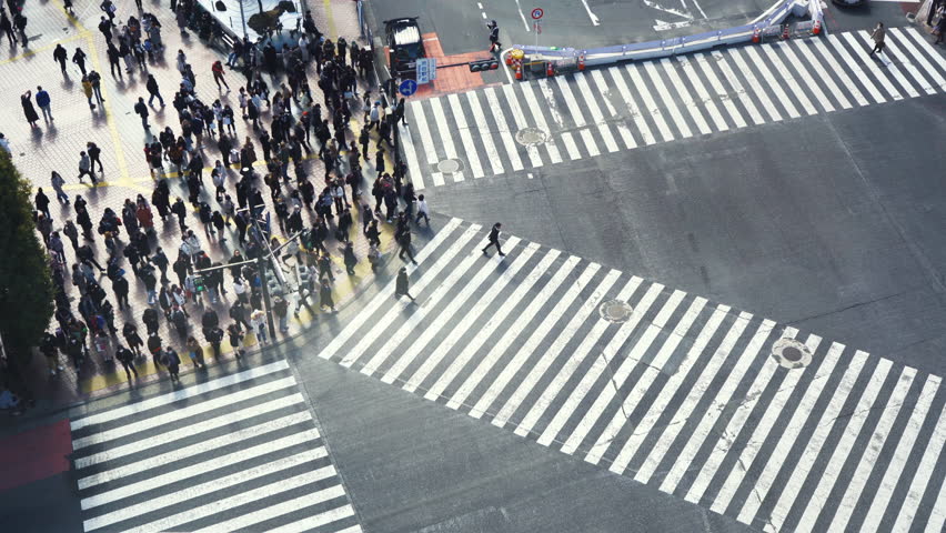 People crossing the road at Shibuya crossing in Japan. Japanese text on road sign means Shibuya station and scramble crossing. Royalty-Free Stock Footage #1108394597