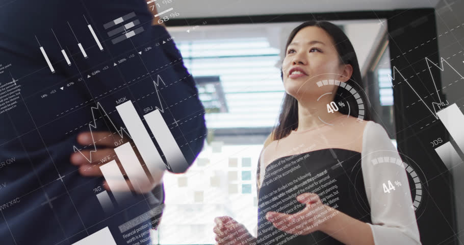 Animation of infographic interface over low angle view of diverse coworkers discussing in office. Digital composite, multiple exposure, report, business, progress, planning and global concept.