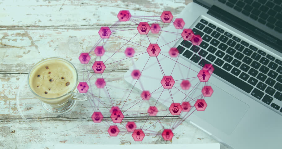 Animation of connected icons globe over coffee cup, cellphone, pencil, paper and laptop on table. Digital composite, multiple exposure, communication, globalization, beverage and technology concept.