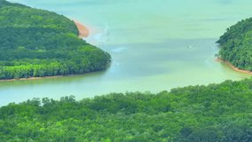 A mesmerizing drone's eye view reveals the intricate beauty of Mangrove and Beach forests, where lush green and serene sands intertwine harmoniously. Nature's artistry on display. Thailand.
