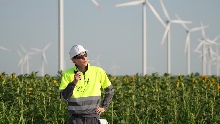 Engineer with a walkie-talkie on the background of wind turbines Royalty-Free Stock Footage #1108401385
