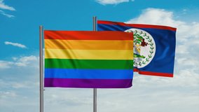 Belize and LGBT movement also Gay Pride flag waving together in the wind on blue sky, cycle looped video, two country cooperation concept