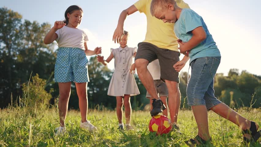 happy family playing ball in the park. a group of children playing ball at sunset in nature. happy family kid dream concept. children playing soccer in park in nature lifestyle Royalty-Free Stock Footage #1108406115