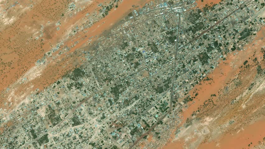 Earth zoom in from space to Faya Largeau, Chad. Followed by zoom out through clouds and atmosphere into space. Satellite map top down panoramic view. Travel intro