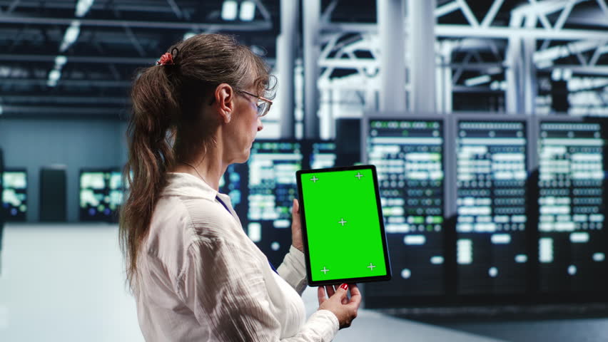 Older admin in servers establishment housing high end processors capable of quickly and efficiently performing complex computations and data analysis, using mockup tablet to do debugging