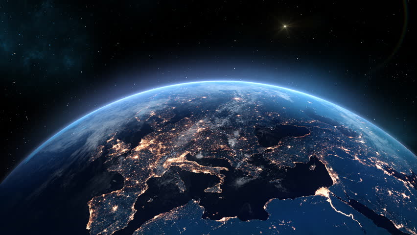 Europe from Space. Planet Earth Population Night Cities Lights. Beautiful View of the Globe Electricity Light from Orbit Satellite. Global World Technology and Business Concept. 4k Ultra HD.