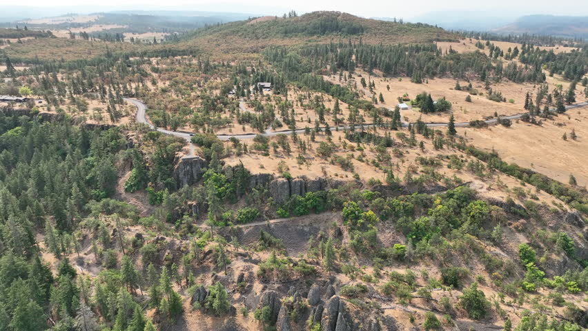 The scenic Oregon landscape found along the Columbia River Gorge, near Hood River, supports vineyards and orchards.