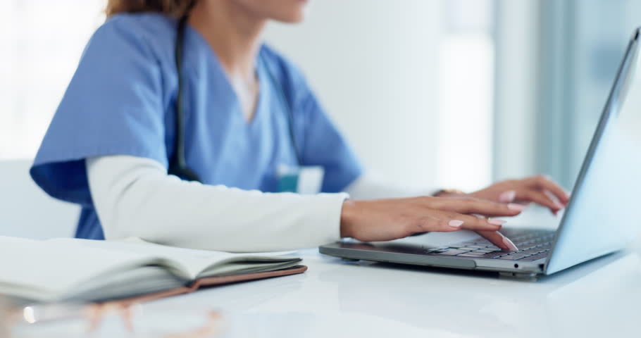 Doctor, woman hands and laptop for healthcare planning, hospital research and schedule management online. Happy nurse or medical worker typing on computer for clinic data, internship and telehealth Royalty-Free Stock Footage #1108416193