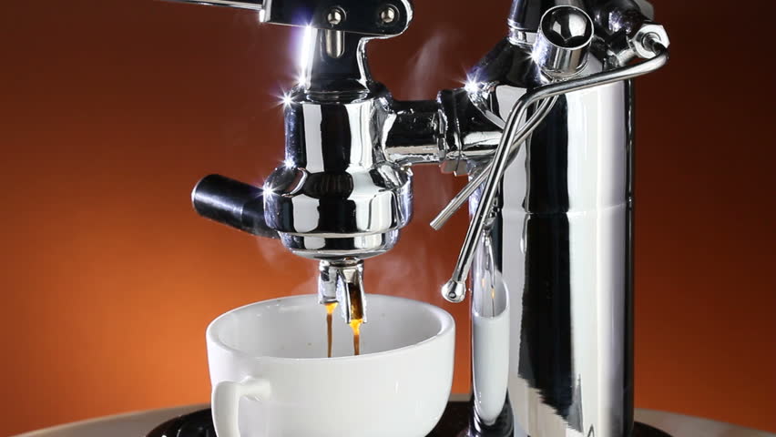 A shiny silver espresso machine makes coffee- 3 views