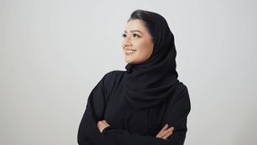 Beautiful arab middle-eastern woman with traditional abaya dress in studio - Arabic muslim adult female portrait in Dubai, United Arab Emirates - Powered by Shutterstock - Get 15% off with code: PIKWIZARD15