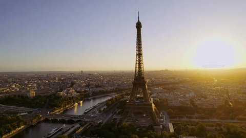 Aerial view streets of Paris, France, overlooking the famous eiffel tower of paris at sunset. Cinematic 4k.の動画素材