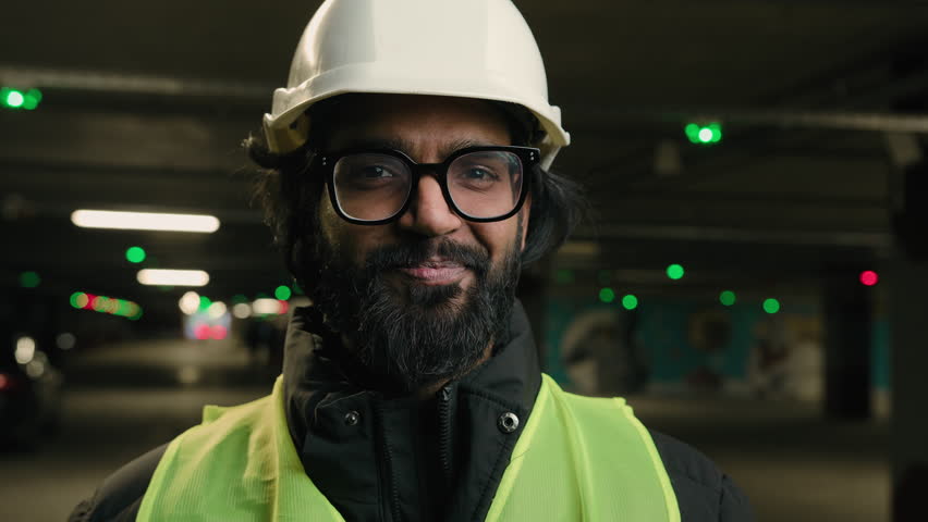 Portrait Indian man handyman worker contractor mechanic guy in helmet and glasses smiling indoors parking factory warehouse manufacture. Close up Arabian male builder engineer fitter in hard hat smile Royalty-Free Stock Footage #1108417829