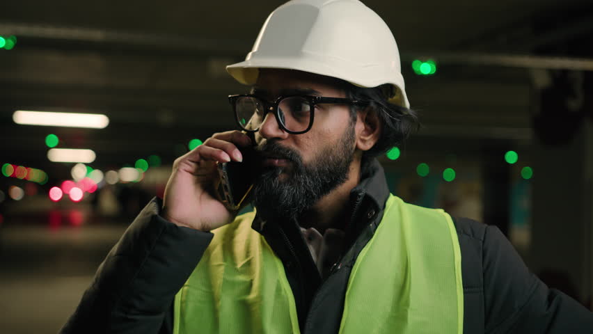 Indian man handyman worker foreman contractor at parking talking phone builder in helmet and glasses industrial architect talk mobile conversation business call engineer in hard hat speak smartphone Royalty-Free Stock Footage #1108417849
