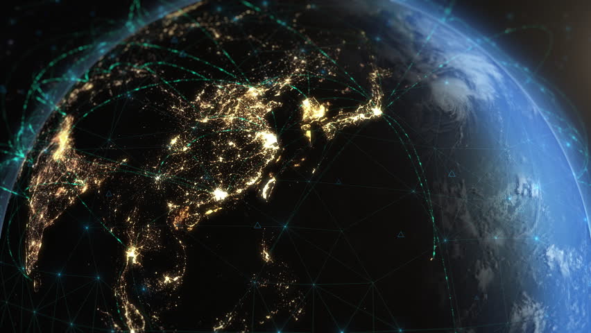 Bright Connections Forming a Network Over Asia. Animations Representing Satellite, Mobile and Technological Signals. Global Telecommunication, Big Data. Realistic Planet Earth with City Lights. | Shutterstock HD Video #1108418261