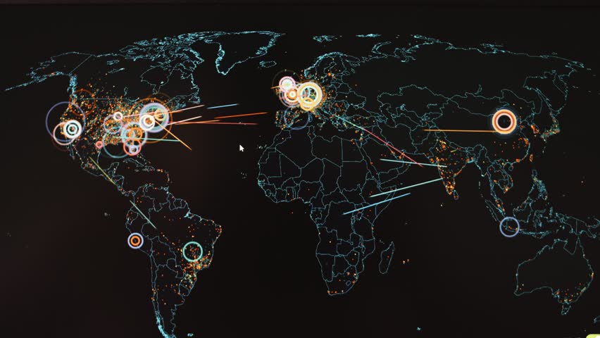 Cyber attack map. Professional team of cyber security specialists writing program code and working with holographic map on computers in IT Royalty-Free Stock Footage #1108421329