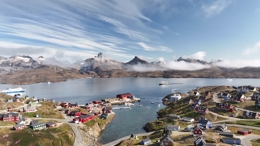 aerial view Tasiilaq town and harbor in Greenland