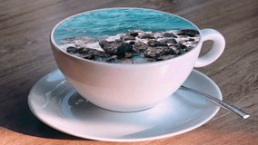 On the table, a cup with a saucer, inside the cup, a visual illusion: water splashing against rocks in the sea