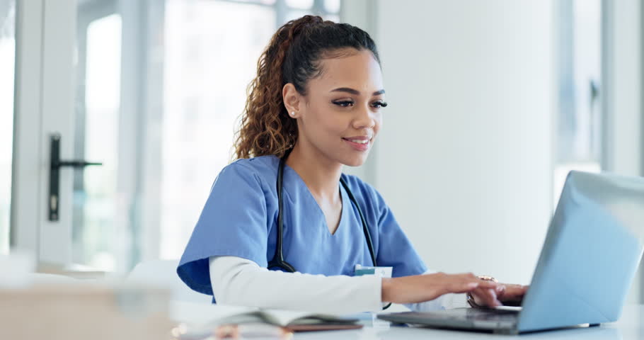 Doctor, laptop and woman typing online medical study, hospital report or clinic healthcare research. Nurse, computer and professional surgeon working on medicine review, digital notes or wellness Royalty-Free Stock Footage #1108427899